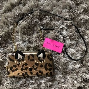 Betsey Johnson Gold Leopard Print Crossbody Bag